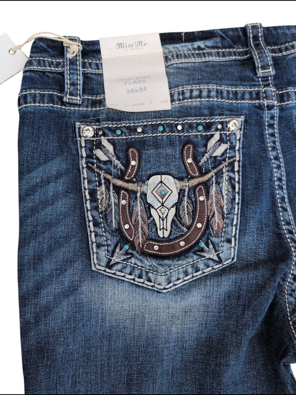 Nwt Miss Me Bull Skull Jeans Fade Cowgirl Mid Rise Flare Embroidered Slim 34x34